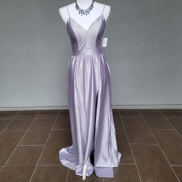 Glitter Lavender Satin Gown ✦ A‑Line High Slit Formal Prom Dress Pocket Sz 3 NWT - Picture 3 of 16